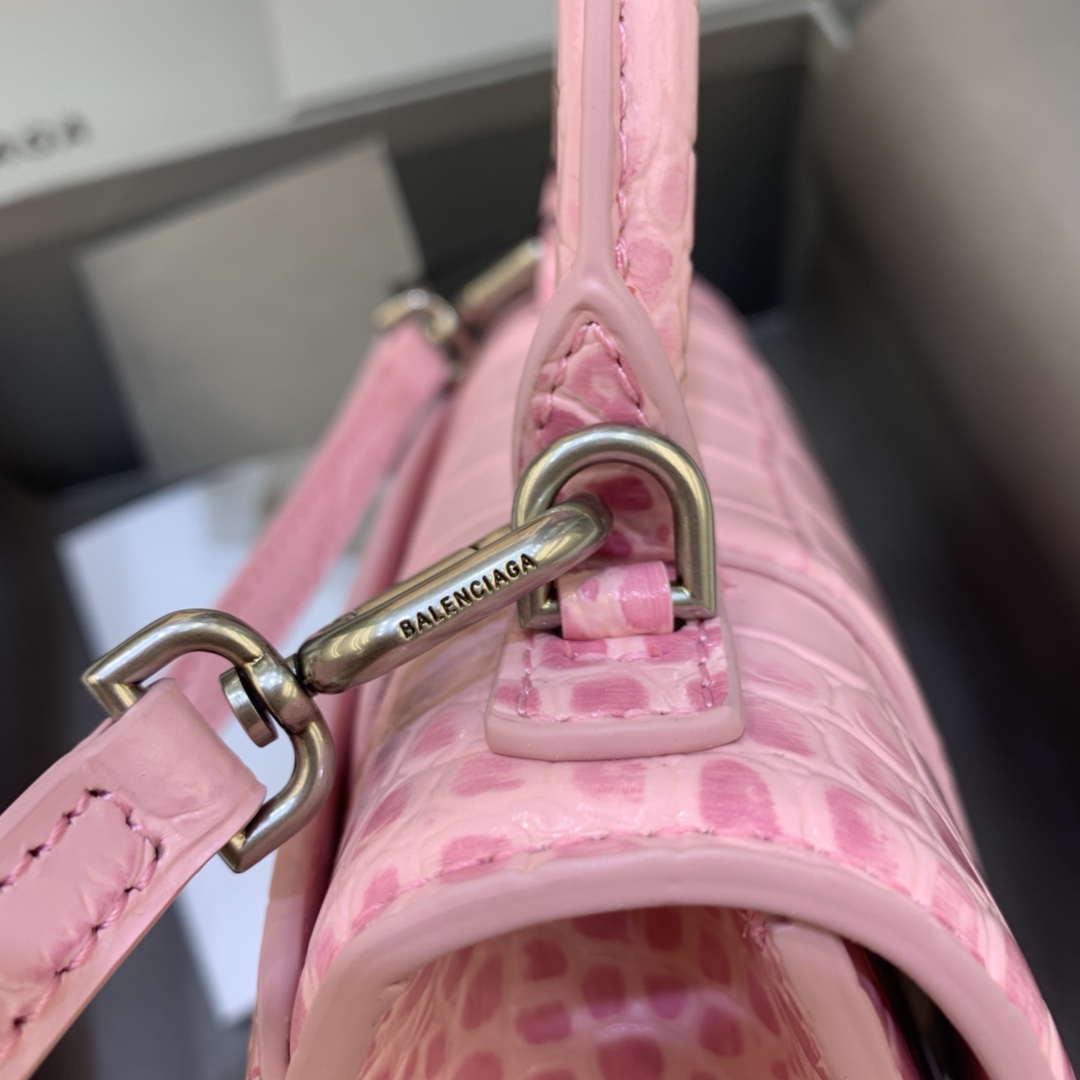 Balenciaga Hourglass XS Handbag Crocodile Embossed Shoulder Bag Light Pink